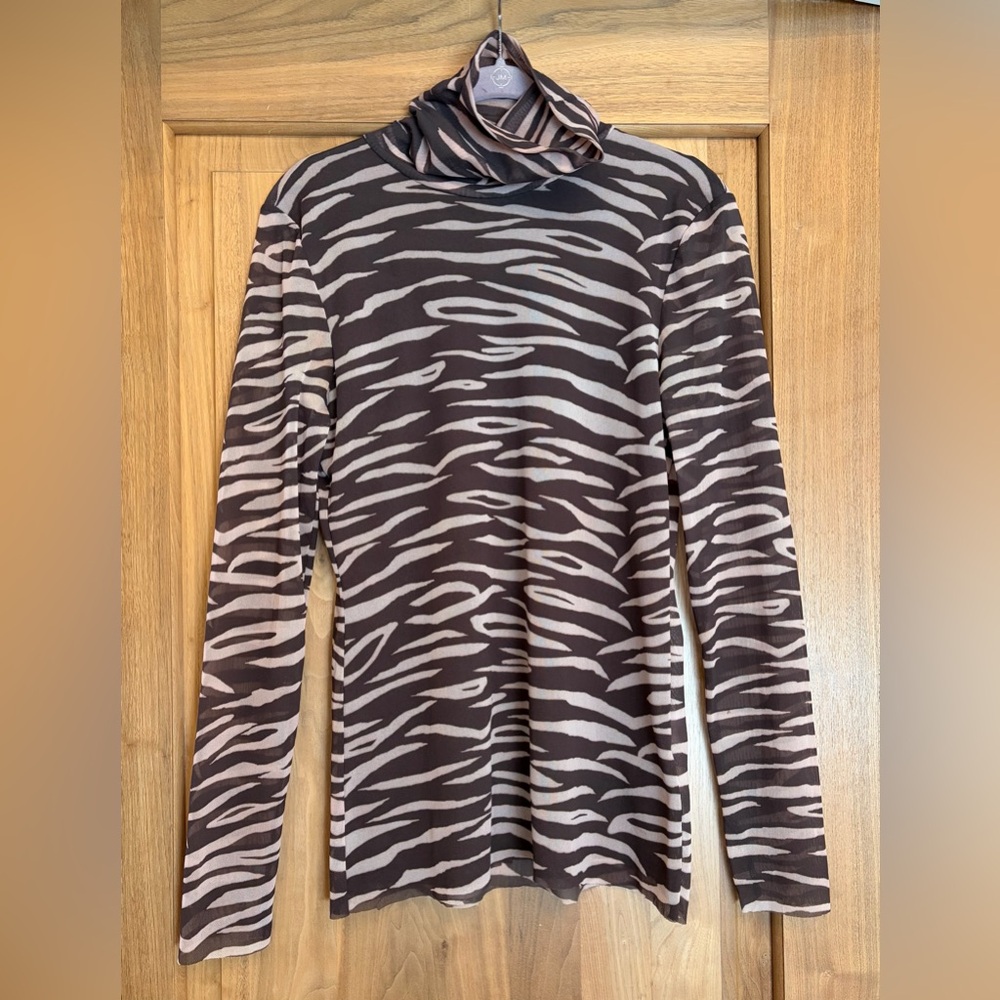 EUC GANNI Tilden Mesh Turtleneck Top Rare Zebra Print EU40 (US8/10) Brown/Cream - Picture 5 of 14